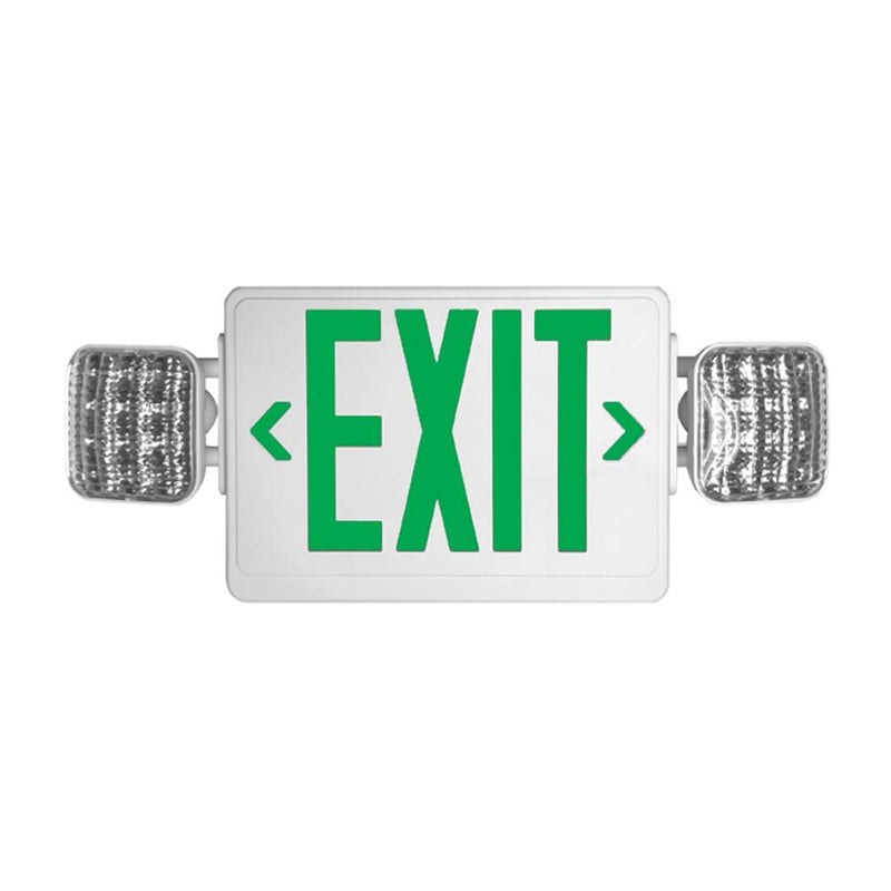 LED exit emergency light combo unit with adjustable heads and green letters