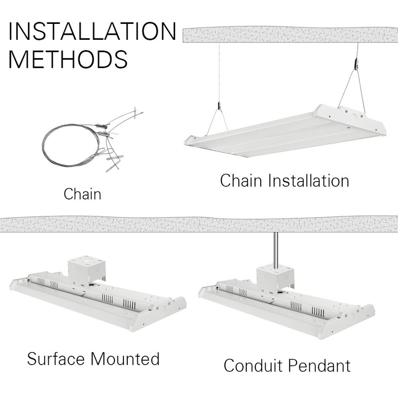 installation methods: chain installation, surface mounted, conduit pendant