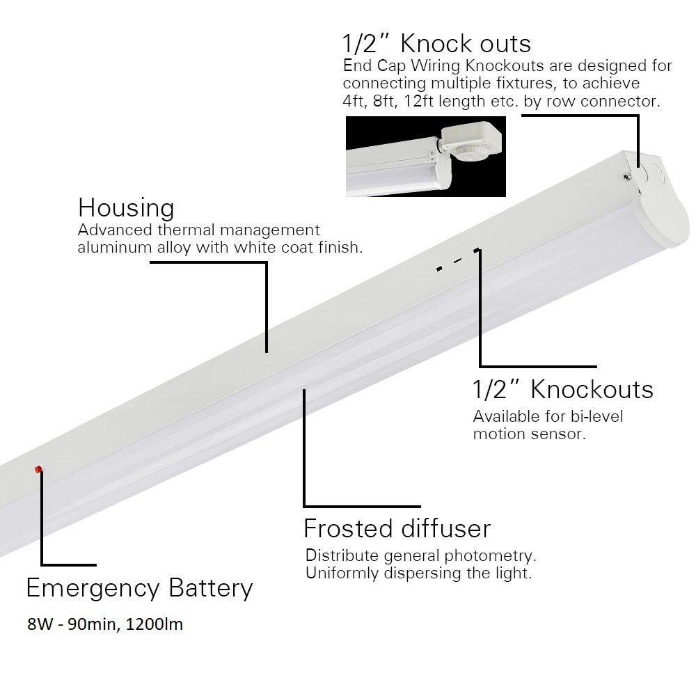 Konlite 4ft Linear LED Strip Fixture - 23W - 3050 Lumens - 5000K - 120-277V - 0-10V Dimming - with Bi-Level PIR Sensor +$33 / with 8W Emergency