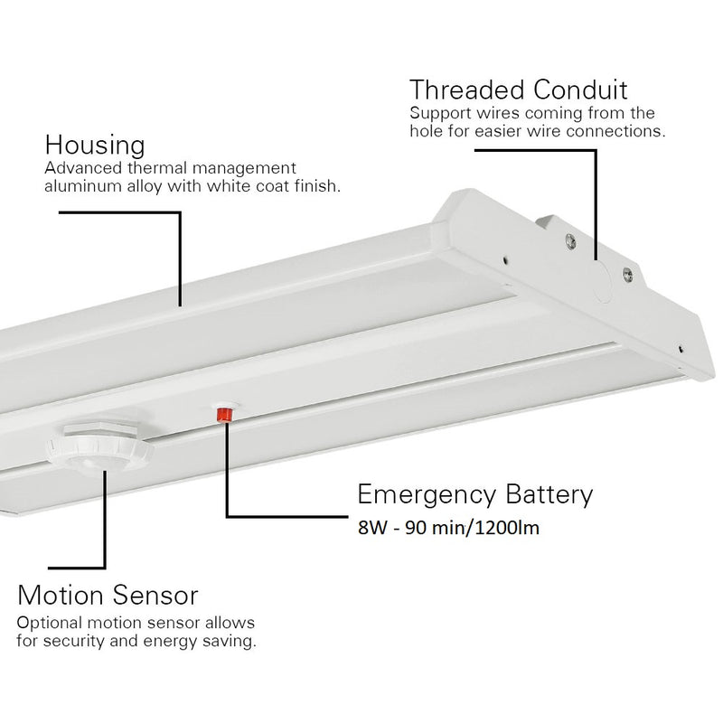 housing, motion sensor, emergency battery and threaded condui Linear LED Highbay Light - LH0203 Series - 270W - 2X4FT
