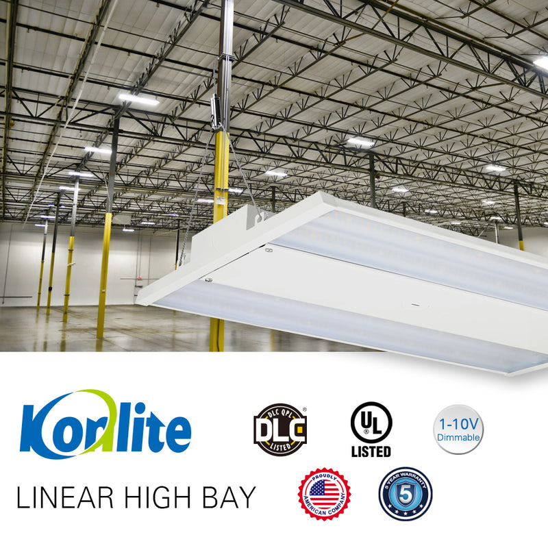 Konlite Linear LED Highbay Light hanging in a warehouse